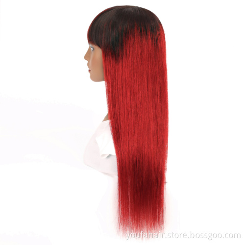 Cheap Price Remy Human Hair Straight 1b Red Ombre Color Bangs Wig Cuticle Aligned Non Lace Full Machine Made Wig for Black Women